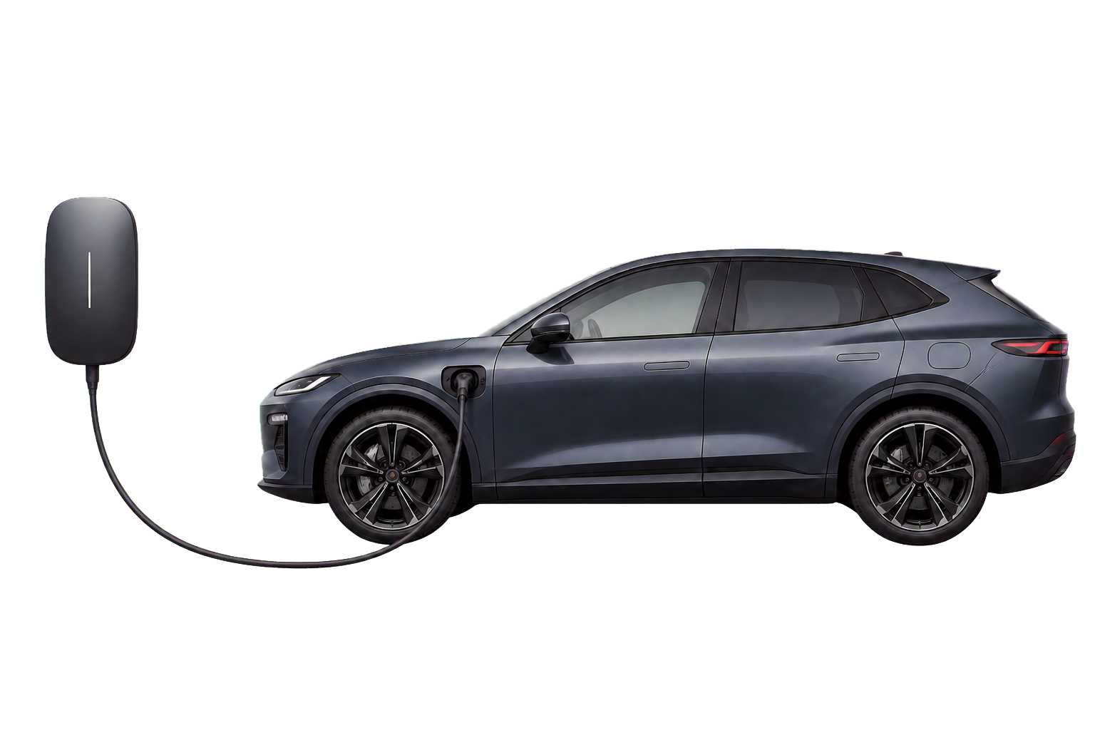 A wall-mounted home charger cabled to an electric SUV